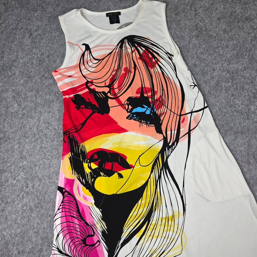 Eva Varro Freida Pop Art Face Graphic Tunic Dress Top Medium‎ White High Low Mod